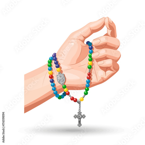 Hand holding a colorful rosary with a cross and a religious medal.