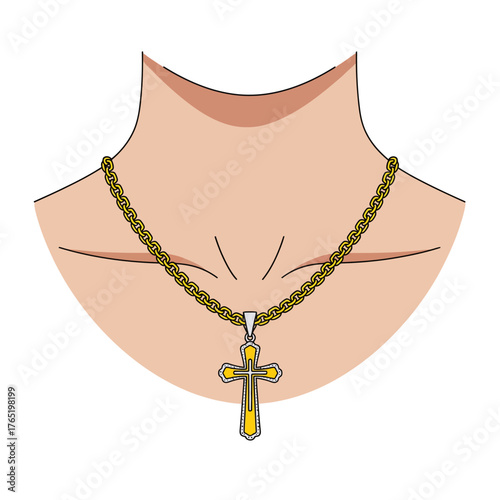 Illustration of a person's neck wearing a gold chain necklace with a Christian cross pendant.