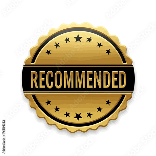 Golden circular badge with serrated edge and the word recommended in the center, surrounded by stars