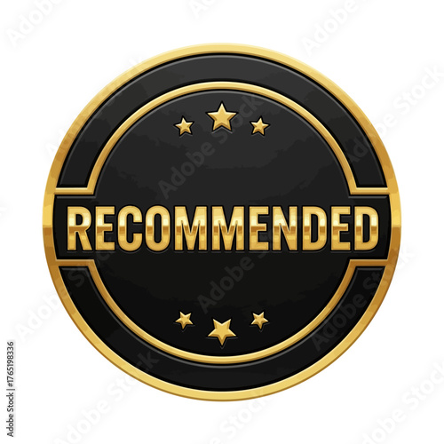 Black and gold circular badge with the word recommended in gold text and stars