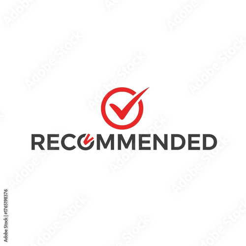 The word recommended with red checkmark inside circle icon, isolated on, signifying approval