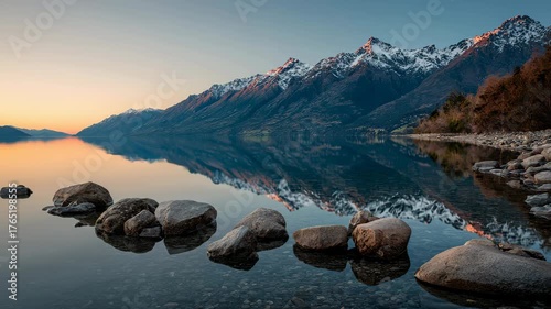 Serene Sunset Over Snow-Capped Mountains and Reflective Lake in Tranquil Landscape
