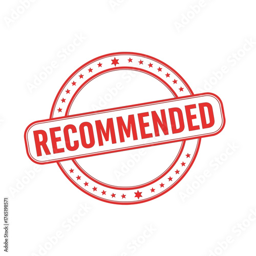 Red and circular stamp with the word recommended in bold red lettering
