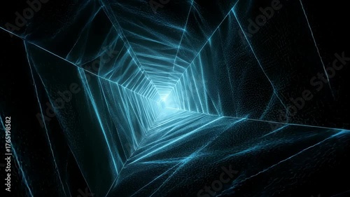 Futuristic Tunnel with Glowing Lines and Triangular Structure in Dark Background