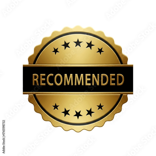 Golden recommended seal with stars and black banner, , signifying top quality, highest endorsement, and ultimate approval