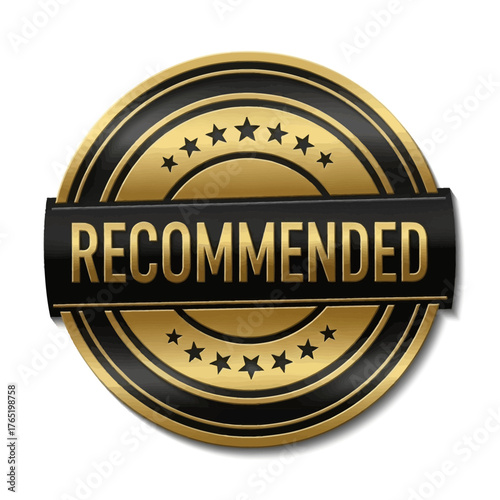 Golden recommended badge with stars and ribbon