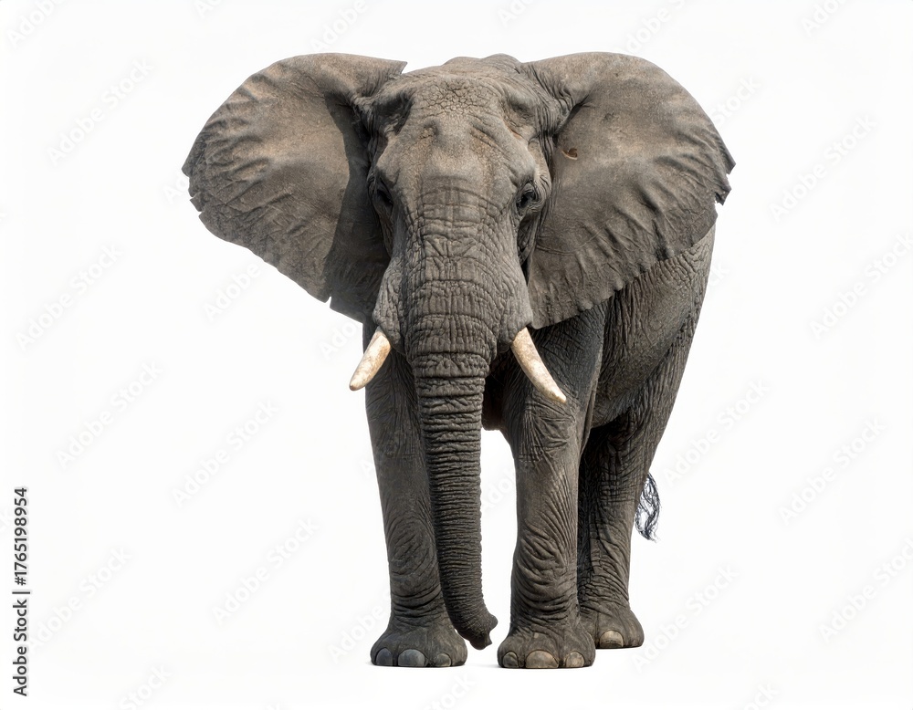 Obraz premium Close-up of a majestic African elephant with tusks, isolated on a white background, highlighting its grandeur and strength.