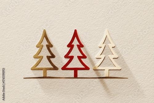 Illustration of three small Christmas trees on pastel beige background