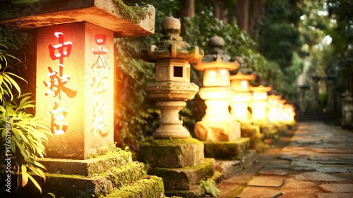Ancient Japanese Stone Lanterns Lining a Serene Pathway in a Lush Traditional Garden Setting