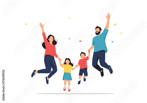 Happy Family Jumping Together with Joyful Expression.