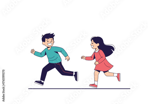 Children playing chase, a boy and girl running happily.