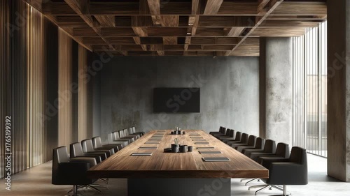 Modern conference room with wooden table and stylish chairs in elegant corporate setting