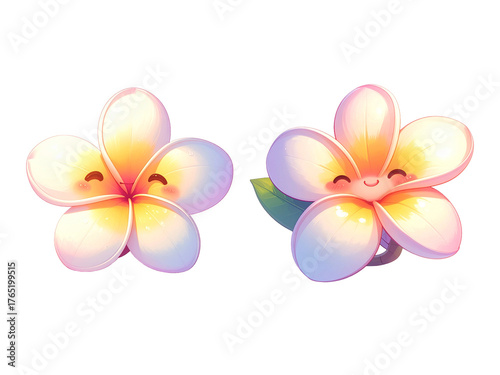 Cute cartoon plumeria flowers with smiling faces creating adorable tropical kawaii illustration design