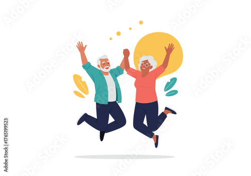 Joyful Senior Couple Jumping Together with Excitement and Happiness.
