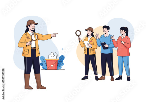 Detective pointing and leading a team of investigators to solve a mystery.