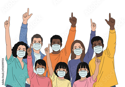 Diverse group of people wearing face masks raising their hands.