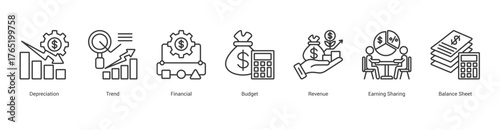 Financial Trend Analysis line banner web icon set vector illustration concept with icon of depreciation, trend, financial, budget, revenue, earning sharing, balance sheet