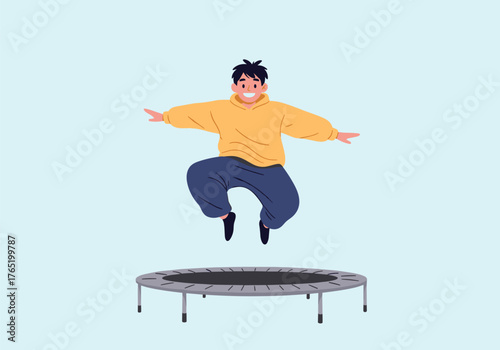 Young boy jumping high on a trampoline having fun outdoors.