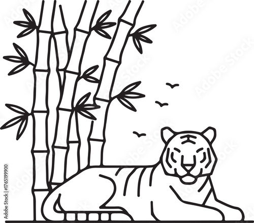 Minimalist tiger resting beside bamboo forest vector line art wildlife illustration