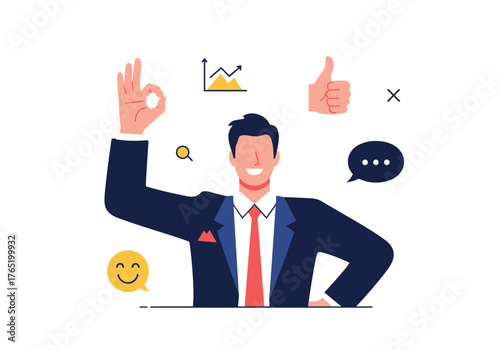 Confident businessman gesturing approval with positive business indicators.