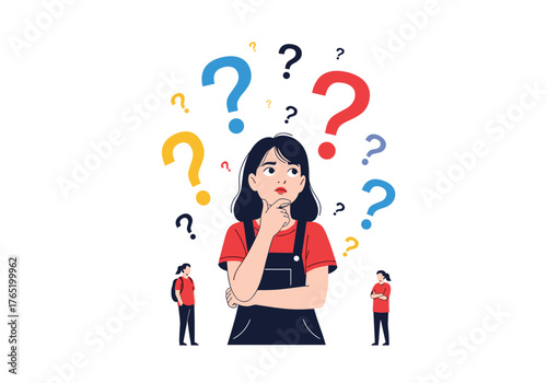 Thoughtful woman surrounded by question marks pondering decisions and choices.