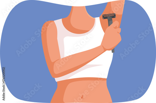 Woman Shaves Underarm to Remove hair Vector Illustration. Lady using a razor for epilation at home in her own intimacy 
