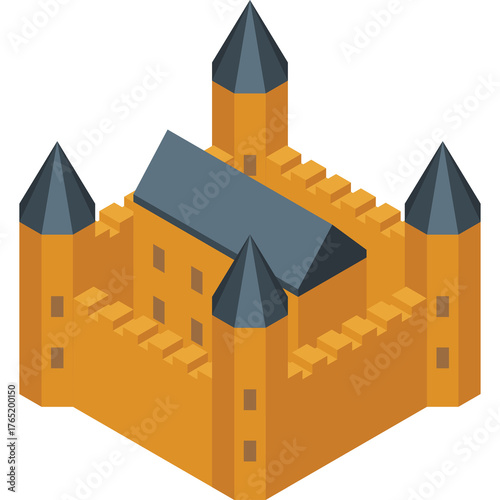  Isometric medieval castle with orange walls and dark blue roofs on a transparent background detailed building illustration with towers and battlements