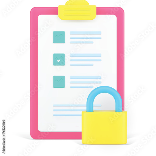 3D Pink Clipboard with Yellow Lock and Checklist Icon 3D Iconography for Security and Task Management Concepts