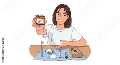 A smiling woman presents skincare products, including a jar of cream, alongside other beauty items on a wooden table, promoting self-care.