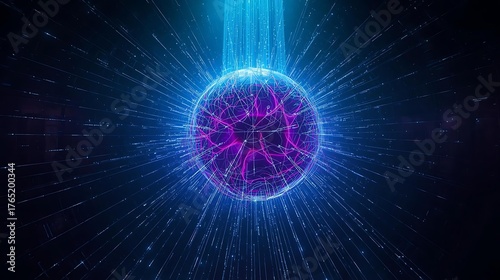 A glowing purple sphere with intricate patterns emanates blue light rays against a dark background.