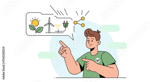 A man points towards an illustration showcasing renewable energy sources, including solar panels, wind turbines, and electrical charging.