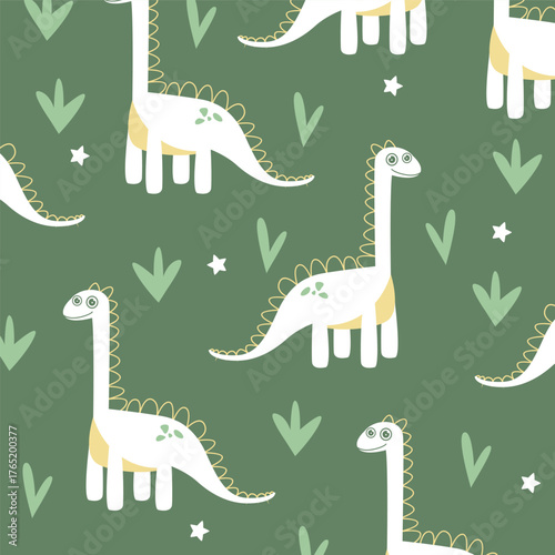 green design seamless pattern vector cartoon of brontosaurus dinosaur for kids apparel fullprint fabric