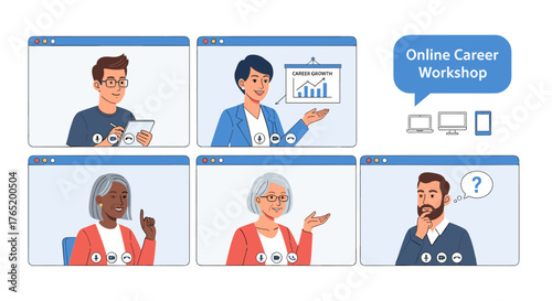 A diverse group of people participate in an online career workshop, discussing opportunities and strategies for professional growth.