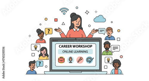 An online career workshop illustration depicts diverse individuals connected via laptop, learning and engaging in a virtual training session with a mentor.
