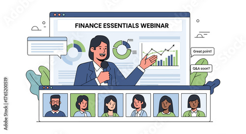 An online finance essentials webinar is presented by a professional, engaging a diverse group of participants with charts and graphs.