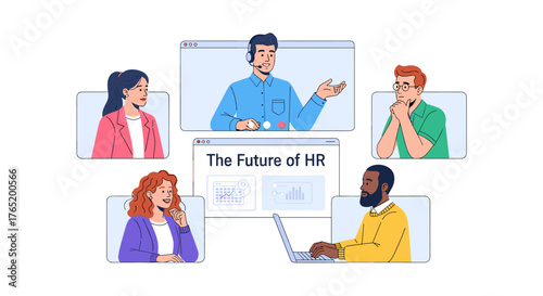 A diverse group of individuals participate in a virtual HR meeting, discussing the future of human resources with technology.