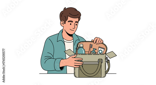 A young man examines the contents of his travel bag, filled with toiletries and personal care items, preparing for a trip or vacation.