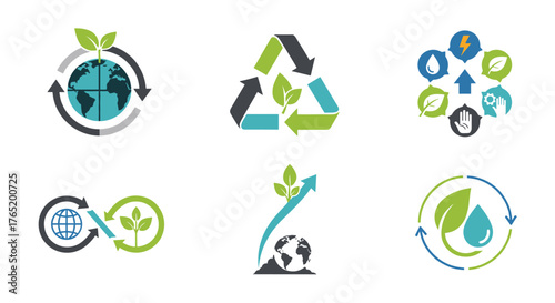 A collection of vector illustrations featuring recycling symbols, earth globes, and sprouting leaves, representing environmental sustainability.
