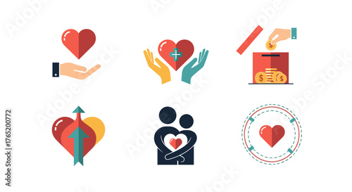 A collection of colorful heart illustrations representing love, care, charity, and giving, perfect for various design projects and concepts.