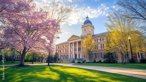 Historic old main building at penn state university campus on a sunny spring day in state college, pennsylvania