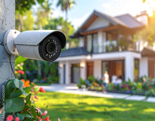 A security camera monitors a home's exterior, lush garden, and sunny day