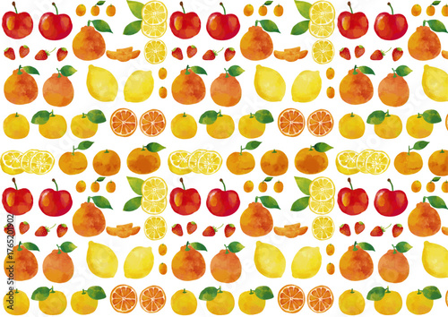 水彩風 冬の柑橘類（リンゴ・イチゴ・ユズ・ミカン・レモン・デコポン・キンカン） パターン Winter Fruits Series:Watercolor winter citrus fruits (apple, strawberry, yuzu, mandarin orange, lemon, dekopon, kumquat) pattern