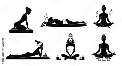 Silhouette of women in spa and yoga poses, a serene scene of relaxation and wellness