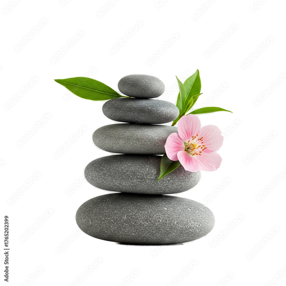 Obraz premium Zen Stacked Gray Stones with Pink Flower and Green Leaves