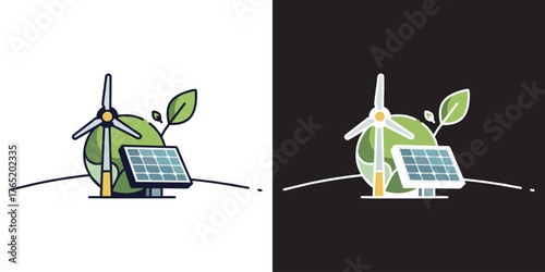 Embrace sustainable energy solutions with this vibrant illustration of solar panels and wind turbines powering a greener future, perfect for eco-conscious businesses and forward-thinking campaigns