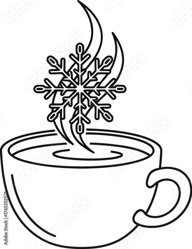 Enjoy hot winter drink, snowflake steam rising from coffee cup