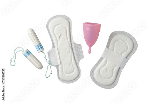 Assortment of feminine hygiene products including pads tampons and menstrual cup isolated on transparent background