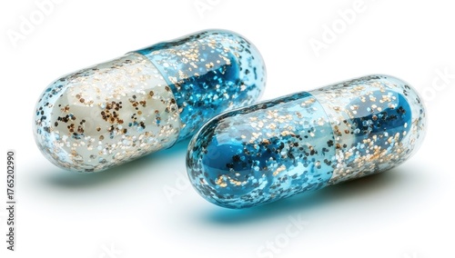 Two capsules, blue & silver glitter, on white