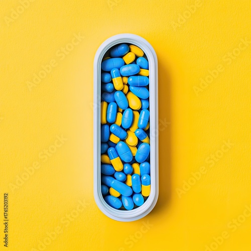 Oblong container filled with yellow and blue capsules