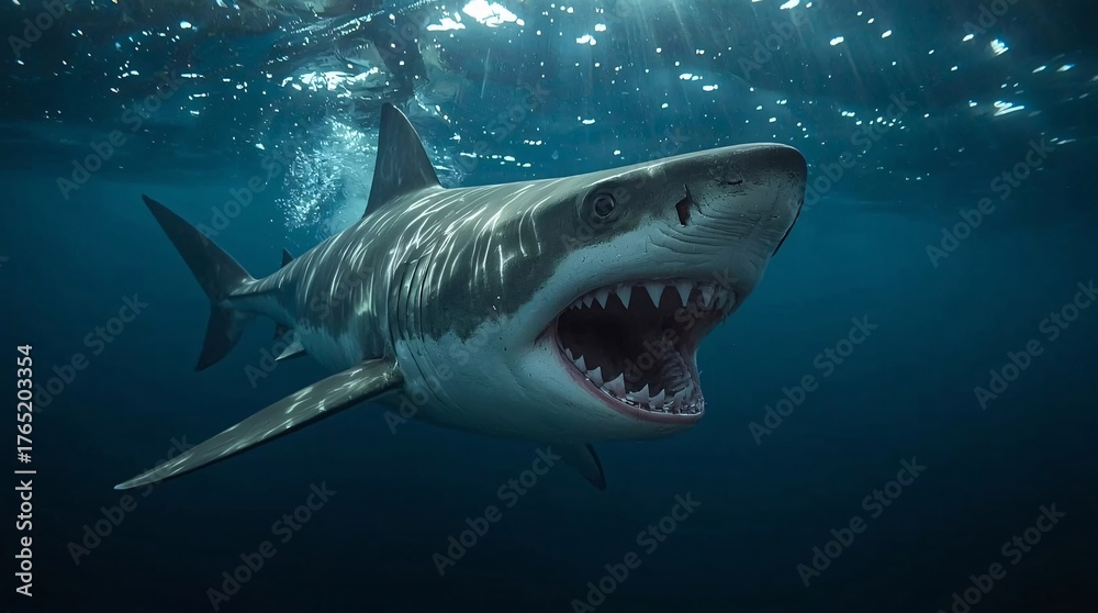Fototapeta premium Majestic great white shark with open jaws glides through deep blue ocean water, sunbeams piercing the surface